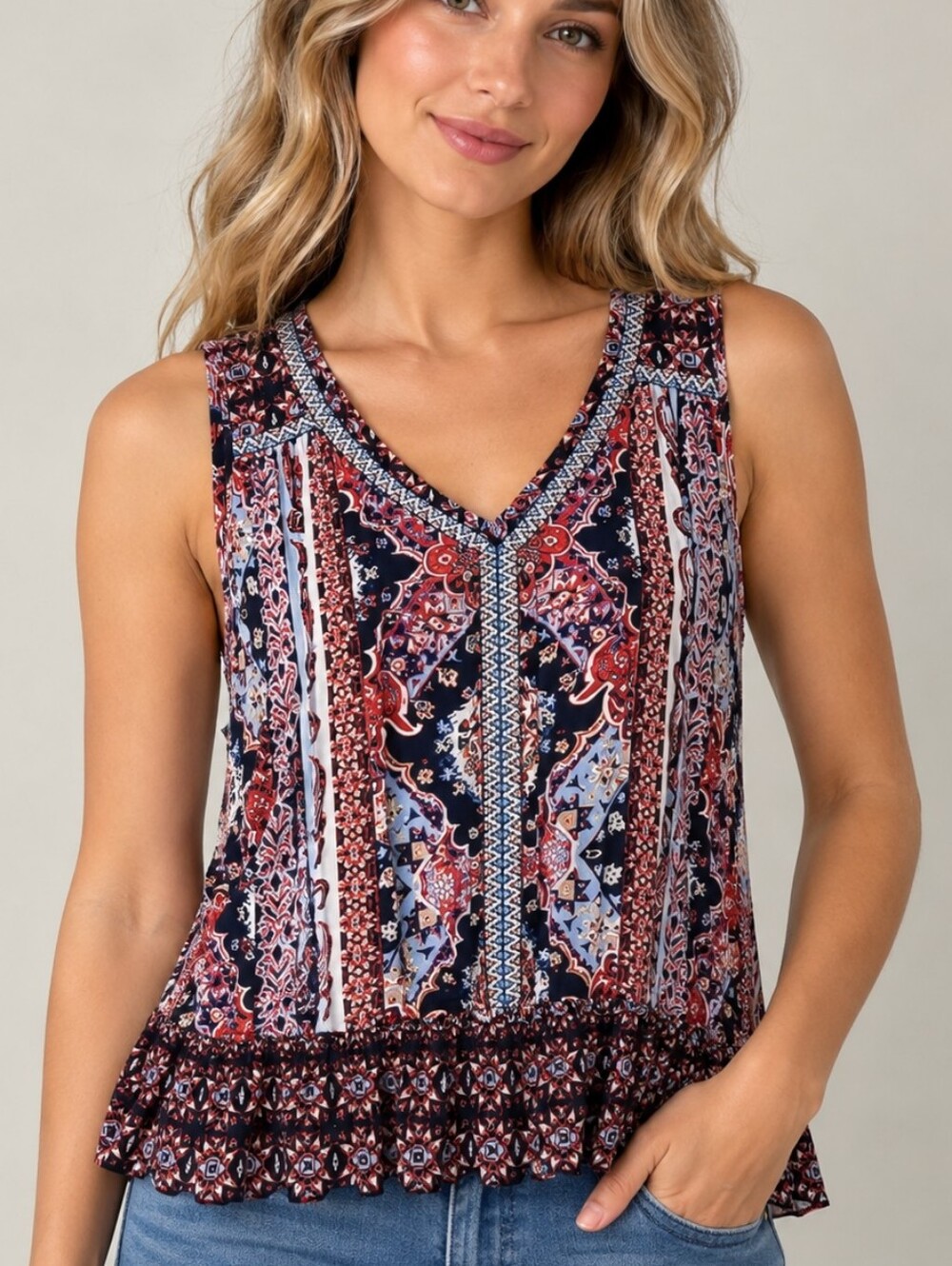 BILA Ethnic Oversized Broomstick Sleeveless Ruffle V-neck Boho Blouse